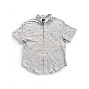 Jachs New York Mens Large Grey Linen Blend Palm Tree Pineapple Button Down Shirt